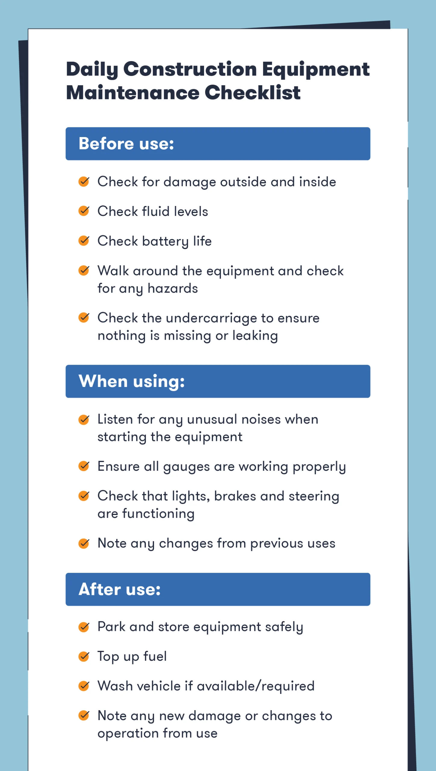 Checklist for daily construction equipment management