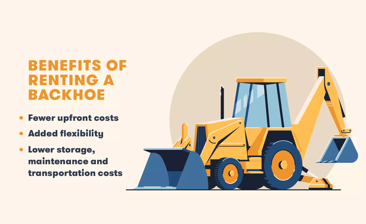 Benefits fo renting a backhoe: fewer upfront costs, added flexibility, lower storage, maintenance and transportation costs